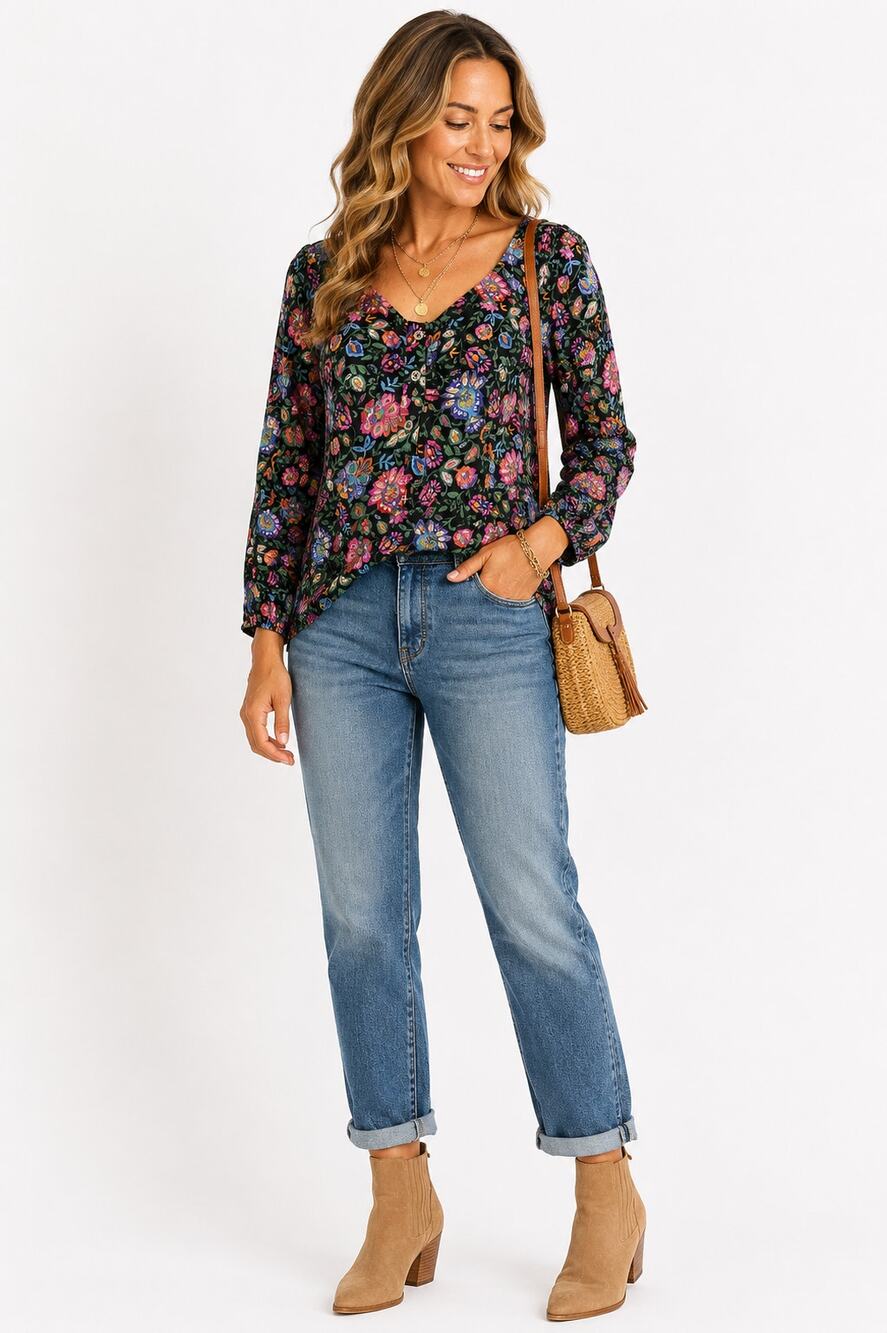Fat Face Black Floral Peasant Blouse Sz 8 Long Sleeve Boho Cottagecore Fall Top